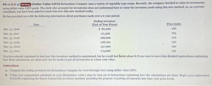 P8.11 (104) Writing (Dollar-Value LIFO) Richardson Company cans a variety of vegetable-type soups. Recently, the company decided to value its inventories
using dollar value LIFO pools. The clerk who accounts for inventories does not understand how to value the inventory pools using this new method, so, as a private
consultant, you have been asked to teach him how this new method works.
He has provided you with the following information about purchases made over a 6-year period.
Dec. 31, 2016
Dec. 31, 2017
Dec. 31, 2018
Dec. 31, 2019
Dec. 31, 2020;
Date
Ending Inventory
(End-of-Year Prices)
$ 80,000
111,300
108,000
128,700
147,000
174,000
Price Index
100
105
120
130
140
145
Dec. 31, 2021
You have already explained to him how this inventory method is maintained, but he would feel better about it if you were to leave him detailed instructions explaining
how these calculations are done and why he needs to put all inventories at a base-year value.
Instructions
a. Compute the ending inventory for Richardson Company for 2016 through 2021 using dollar-value LIPO.
b. Using your computation schedules as your illustration, write a step-by-step set of instructions explaining how the calculations are done. Begin your explanation
by briefly explaining the theory behind this inventory method, including the purpose of putting all amounts into base-year price levels.