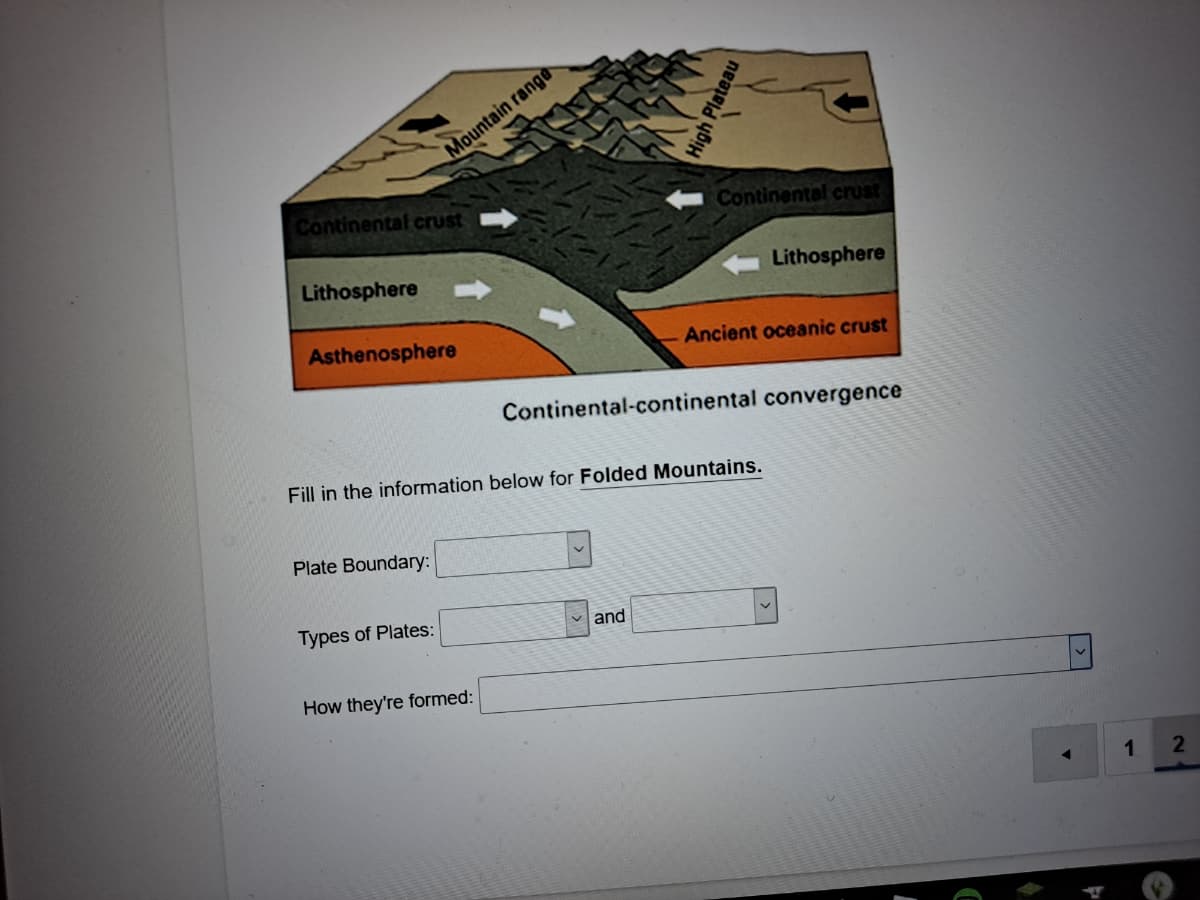 Mountain range
Continental crust
Continental crust
Lithosphere
Lithosphere
Asthenosphere
Ancient oceanic crust
Continental-continental convergence
Fill in the information below for Folded Mountains.
Plate Boundary:
Types of Plates:
v and
How they're formed:
1.
