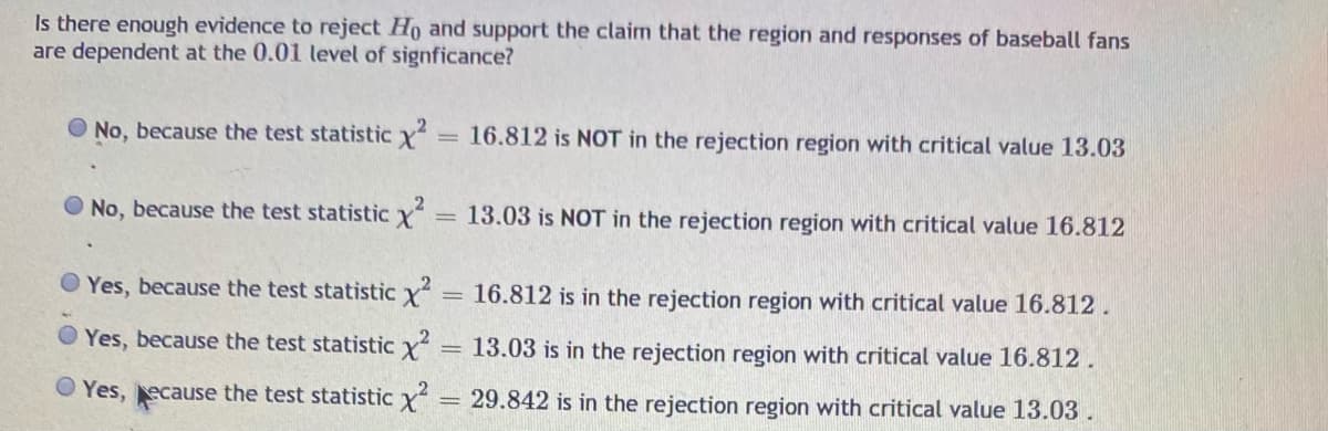 Is there enough evidence to reject Ho and support the claim that the region and responses of baseball fans
are dependent at the 0.01 level of signficance?
O No, because the test statistic x
16.812 is NOT in the rejection region with critical value 13.03
%3D
O No, because the test statistic x
13.03 is NOT in the rejection region with critical value 16.812
O Yes, because the test statistic x
= 16.812 is in the rejection region with critical value 16.812.
O Yes, because the test statistic x= 13.03 is in the rejection region with critical value 16.812.
O Yes, ecause the test statistic x
29.842 is in the rejection region with critical value 13.03 .
