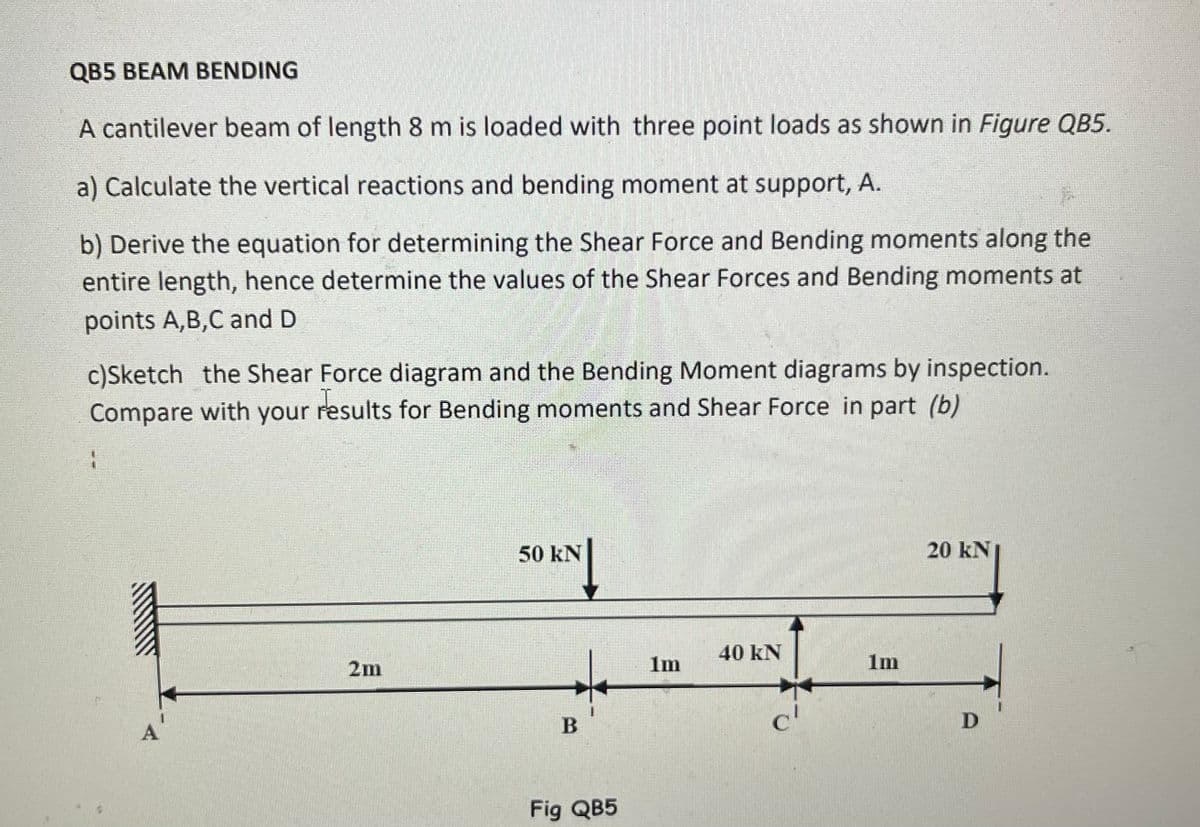 QB5 BEAM BENDING
A cantilever beam of length 8 m is loaded with three point loads as shown in Figure QB5.
a) Calculate the vertical reactions and bending moment at support, A.
b) Derive the equation for determining the Shear Force and Bending moments along the
entire length, hence determine the values of the Shear Forces and Bending moments at
points A,B,C and D
c)Sketch the Shear Force diagram and the Bending Moment diagrams by inspection.
results for Bending moments and Shear Force in part (b)
Compare with your
50 kN
20 kN
40 kN
2m
1m
1m
c'
D
Fig QB5
