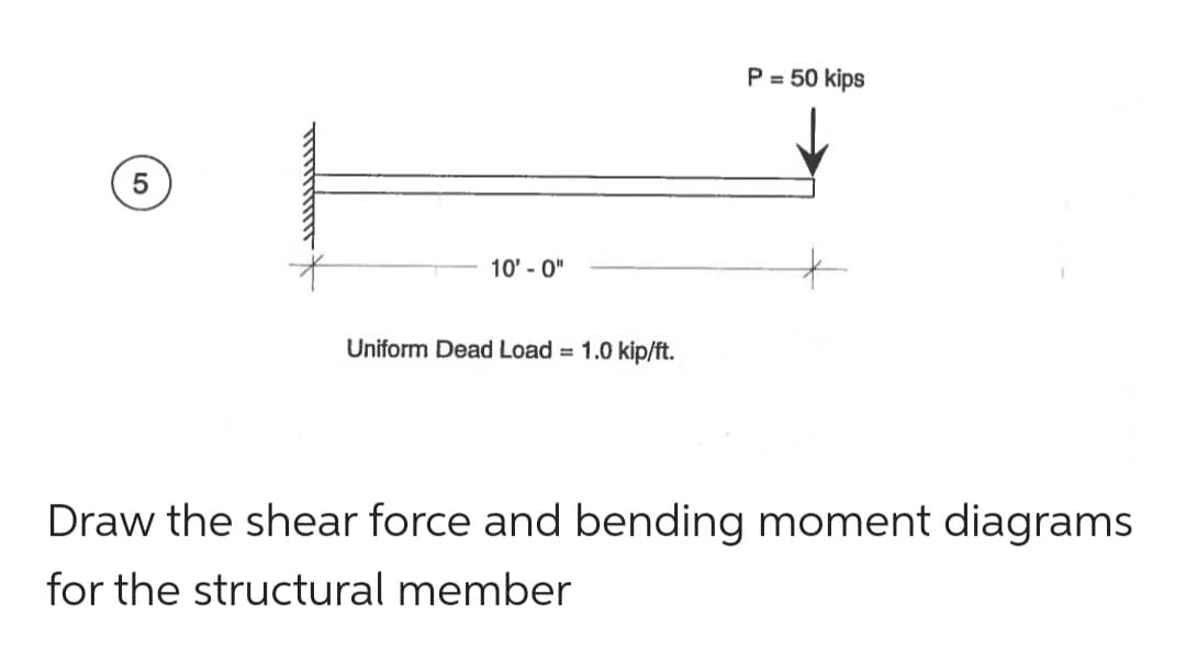 5
10'-0"
Uniform Dead Load = 1.0 kip/ft.
P = 50 kips
Draw the shear force and bending moment diagrams
for the structural member