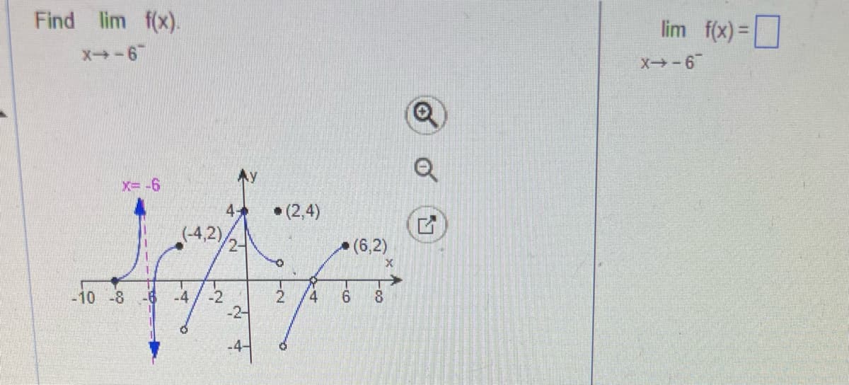 Find lim f(x).
_9-+X
x= -6
-10 -8
9
(-4,2),
45
24
-2-
+
2
(2,4)
14
19
(6,2)
8
X
Q
✓
lim f(x) =
_9-+X