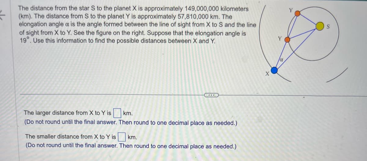 The distance from the star S to the planet X is approximately 149,000,000 kilometers
(km). The distance from S to the planet Y is approximately 57,810,000 km. The
elongation angle a is the angle formed between the line of sight from X to S and the line
of sight from X to Y. See the figure on the right. Suppose that the elongation angle is
19°. Use this information to find the possible distances between X and Y.
The larger distance from X to Y is
(Do not round until the final answer.
km.
Then round to one decimal place as needed.)
km.
The smaller distance from X to Y is
(Do not round until the final answer. Then round to one decimal place as needed.)
X
Y
S