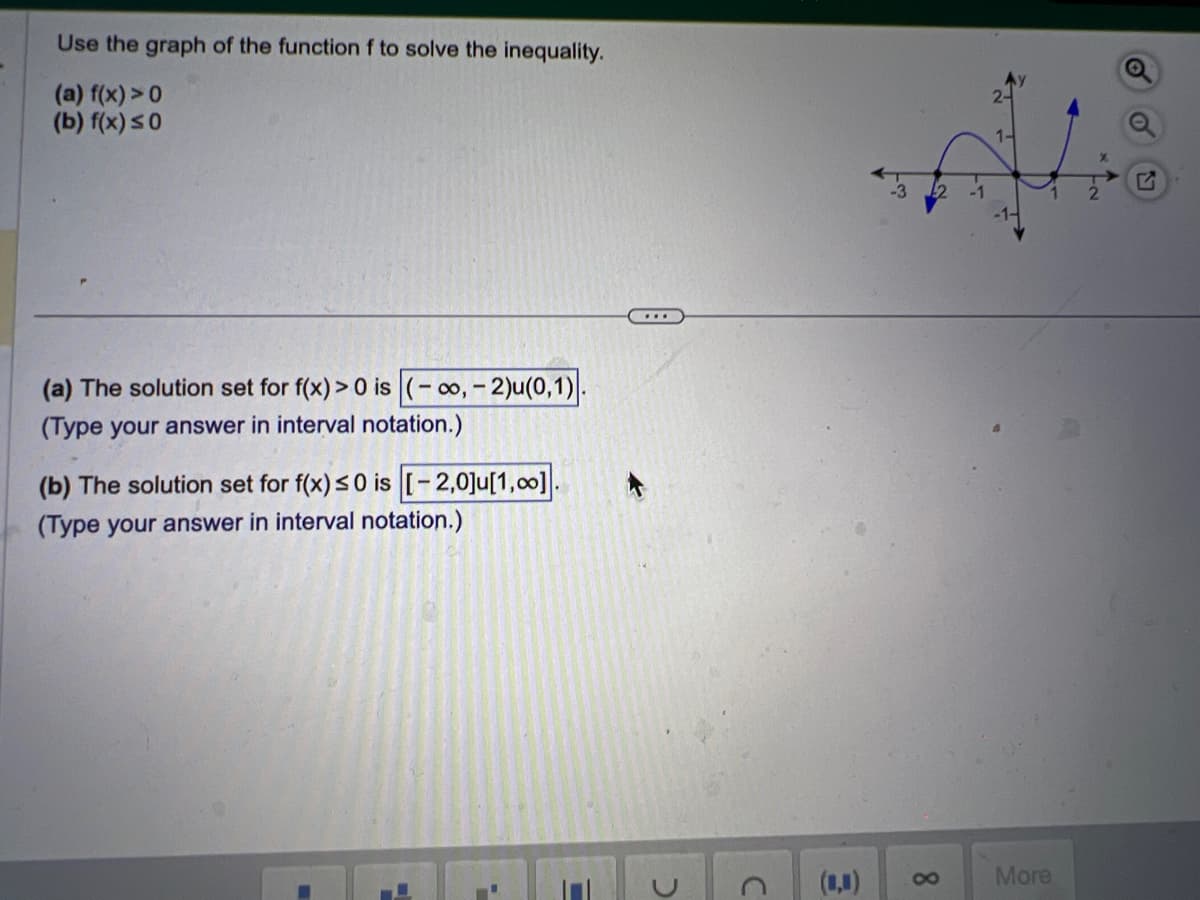 Use the graph of the function f to solve the inequality.
(a) f(x) > 0
(b) f(x) ≤0
(a) The solution set for f(x) > 0 is (-∞, -2)u(0,1).
(Type your answer in interval notation.)
(b) The solution set for f(x) ≤0 is [-2,0]u[1,00]
(Type your answer in interval notation.)
P
C
...
с
C
3
8
1-
More