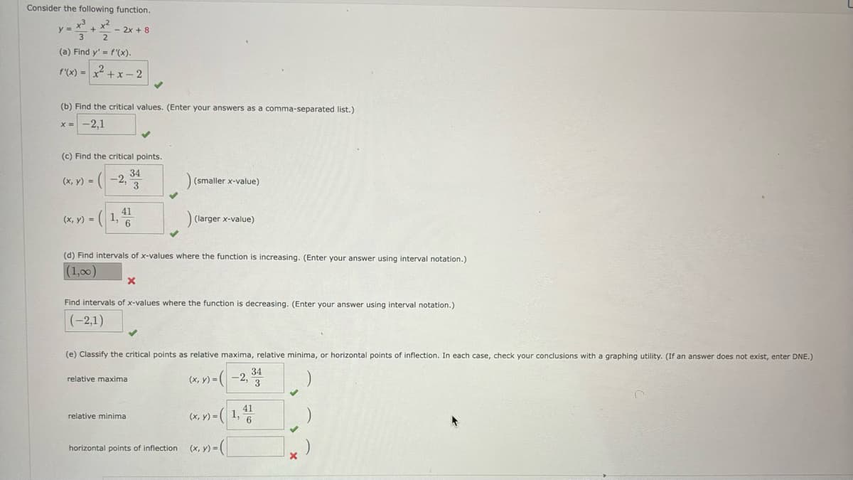 Consider the following function.
y=
+
-2x+8
3
2
(a) Find y' f'(x).
f'(x) = x²+x-2
(b) Find the critical values. (Enter your answers as a comma-separated list.)
x= -2,1
(c) Find the critical points.
(x, y) =
(-2,
34
3
(smaller x-value)
-
(x, y) = (1,
41
6
(larger x-value)
(d) Find intervals of x-values where the function is increasing. (Enter your answer using interval notation.)
(1,00)
×
Find intervals of x-values where the function is decreasing. (Enter your answer using interval notation.)
(-2,1)
(e) Classify the critical points as relative maxima, relative minima, or horizontal points of inflection. In each case, check your conclusions with a graphing utility. (If an answer does not exist, enter DNE.)
relative maxima
(x, y) = (-2,
34
3
relative minima
(x, y) =
horizontal points of inflection
xxn-(
1,
41