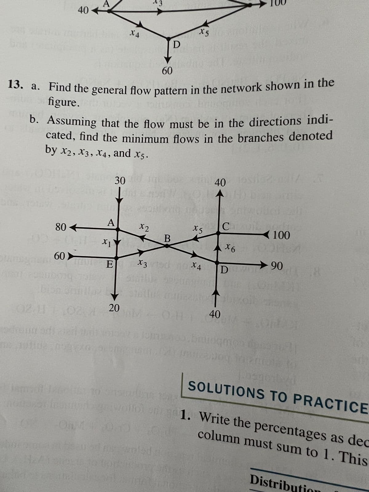 GA
205
00:
200
12.11
40
13. a. Find the general flow pattern in the network shown in the
figure.
no
ballerHER
b. Assuming that the flow must be in the directions indi-
cated, find the minimum flows in the branches denoted
by X2, X3, X4, and x5.
80+
60
bis
me juttu2,099.0
30
A
X1
E|
X4
20
43
x2
statius
D
60
soladi
B
X5
isd
X3 X4
OH
X5
retor
40
←
C
x6
DEW
40
100
90
you'll
SOLUTIONS TO PRACTICE
1. Write the percentages as dec
column must sum to 1. This
Distribut