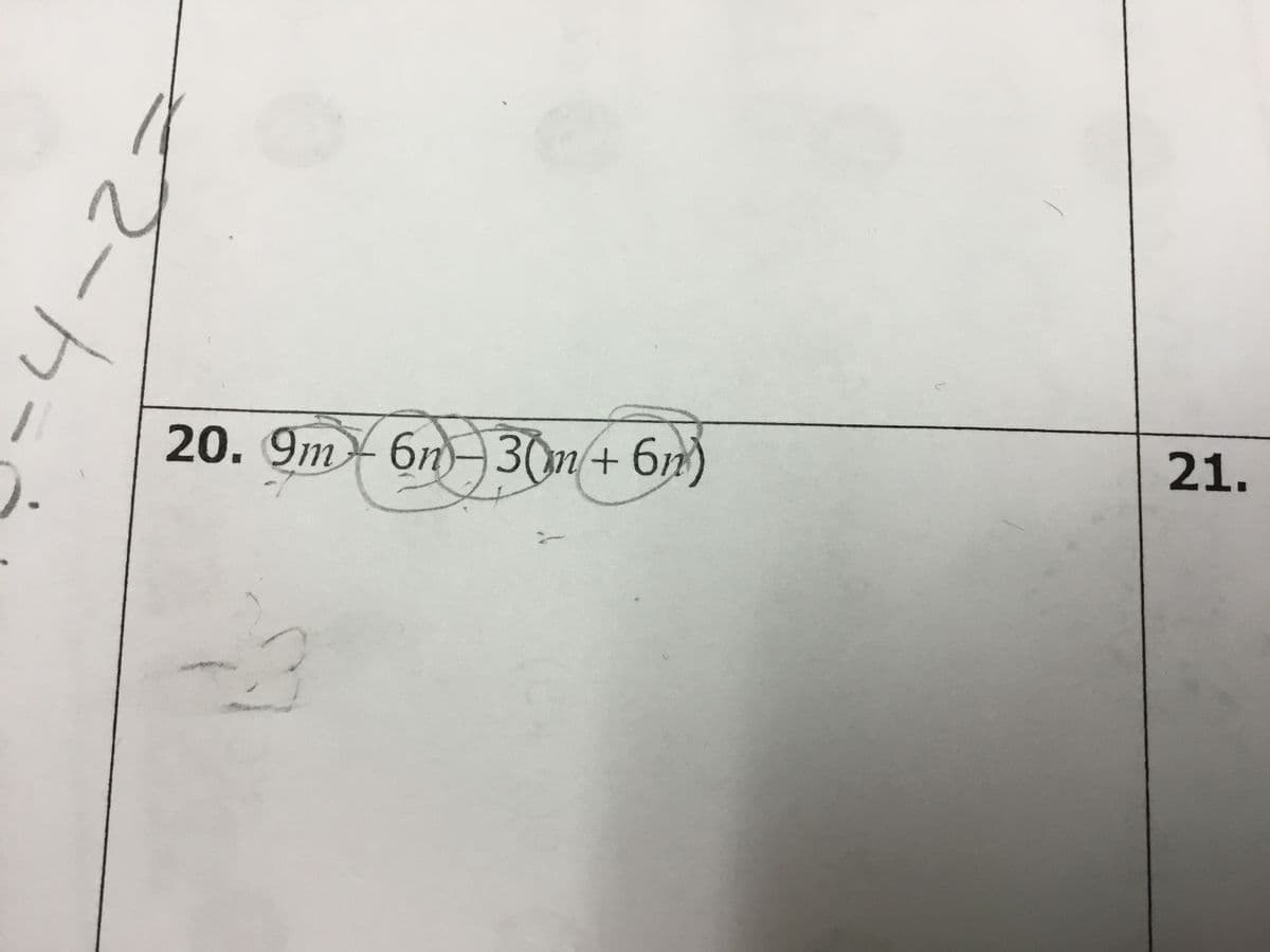 The image presents a mathematical equation for solving:

\[ 9m - 6n = 3(m + 6n) \]

### Explanation:

This linear equation involves two variables, \( m \) and \( n \). Below are the steps to solve the equation:

1. **Distribute** the 3 on the right side of the equation:

   \[ 3(m + 6n) = 3m + 18n \]

2. **Substitute** the expression back into the equation: 

   \[ 9m - 6n = 3m + 18n \]

3. **Rearrange** terms to isolate variables on each side:

   \[
   9m - 3m = 18n + 6n 
   \]

4. **Simplify** the equation:

   \[
   6m = 24n 
   \]

5. **Divide** by 6 to solve for \( m \) in terms of \( n \):

   \[
   m = 4n
   \]

### Conclusion:

The relationship between \( m \) and \( n \) can be expressed as \( m = 4n \). This provides a simple linear relationship describing how changes in \( n \) affect \( m \).