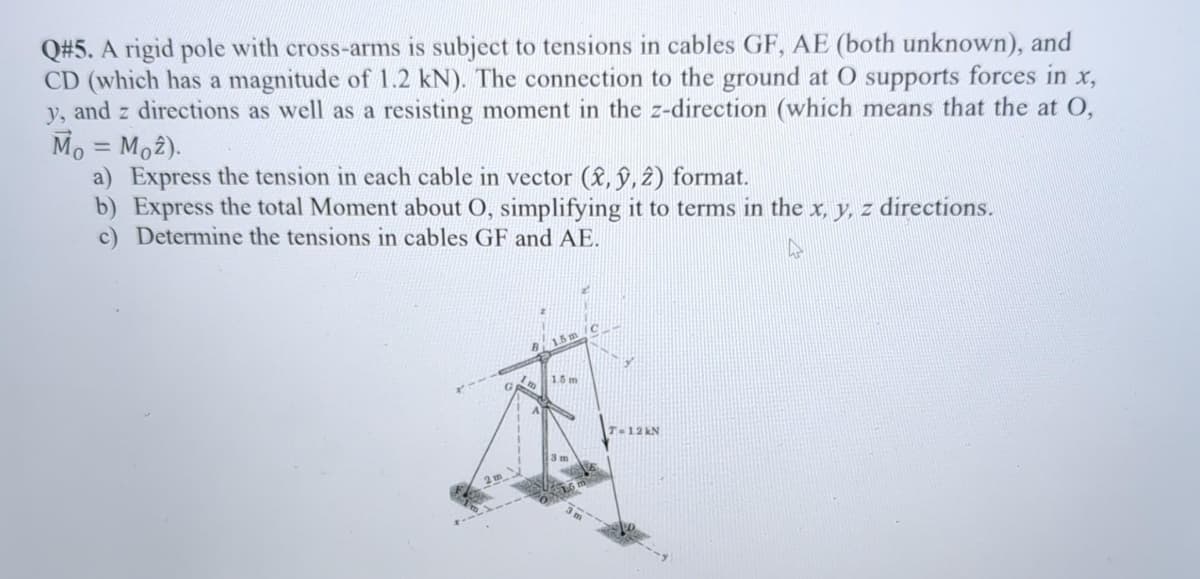 Q#5. A rigid pole with cross-arms is subject to tensions in cables GF, AE (both unknown), and
CD (which has a magnitude of 1.2 kN). The connection to the ground at O supports forces in x,
y, and z directions as well as a resisting moment in the z-direction (which means that the at O,
Mo = Moz).
a) Express the tension in each cable in vector (x, ŷ, 2) format.
b) Express the total Moment about O, simplifying it to terms in the x, y, z directions.
c) Determine the tensions in cables GF and AE.
A
1.5 m
T-12 kN