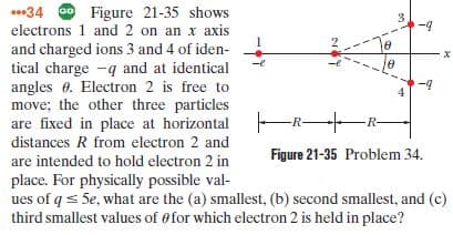 34 o Figure 21-35 shows
electrons 1 and 2 on an x axis
-4
and charged ions 3 and 4 of iden-
tical charge -q and at identical
angles 0. Electron 2 is free to
move; the other three particles
are fixed in place at horizontal
-e
-4
FR--R-
distances R from electron 2 and
Figure 21-35 Problem 34.
are intended to hold electron 2 in
place. For physically possible val-
ues of q s 5e, what are the (a) smallest, (b) second smallest, and (c)
third smallest values of efor which electron 2 is held in place?
