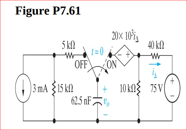 Figure P7.61
20х 10
40 k.
5 k.
t = 0
OFF
ON
10 kN 75 V
3 mA {15 kM
62.5 nF;
