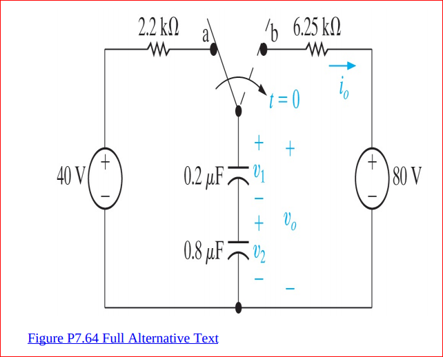 2.2 k.
b 6.25 k
a'
40 V
0.2 µF2
+.
80 V
+ Vo
0.8 µF2
Figure P7.64 Full Alternative Text
