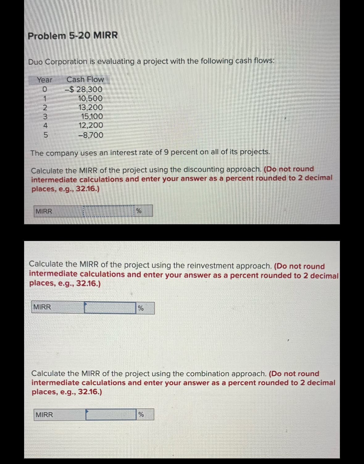 Problem 5-20 MIRR
Duo Corporation is evaluating a project with the following cash flows:
Year
012345
The company uses an interest rate of 9 percent on all of its projects.
Calculate the MIRR of the project using the discounting approach. (Do not round
intermediate calculations and enter your answer as a percent rounded to 2 decimal
places, e.g., 32.16.)
MIRR
Cash Flow
-$28,300
10,500
13,200
15,100
12,200
-8,700
MIRR
Calculate the MIRR of the project using the reinvestment approach. (Do not round
intermediate calculations and enter your answer as a percent rounded to 2 decimal
places, e.g., 32.16.)
%
MIRR
%
Calculate the MIRR of the project using the combination approach. (Do not round
intermediate calculations and enter your answer as a percent rounded to 2 decimal
places, e.g., 32.16.)
%