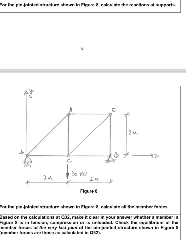 For the pin-jointed structure shown in Figure 8, calculate the reactions at supports.
A
Ау
6
с
30 ки
2m
2 m
+
Figure 8
2m
B
DX
For the pin-jointed structure shown in Figure 8, calculate all the member forces.
Based on the calculations at Q32, make it clear in your answer whether a member in
Figure 8 is in tension, compression or is unloaded. Check the equilibrium of the
member forces at the very last joint of the pin-jointed structure shown in Figure 8
(member forces are those as calculated in Q32).