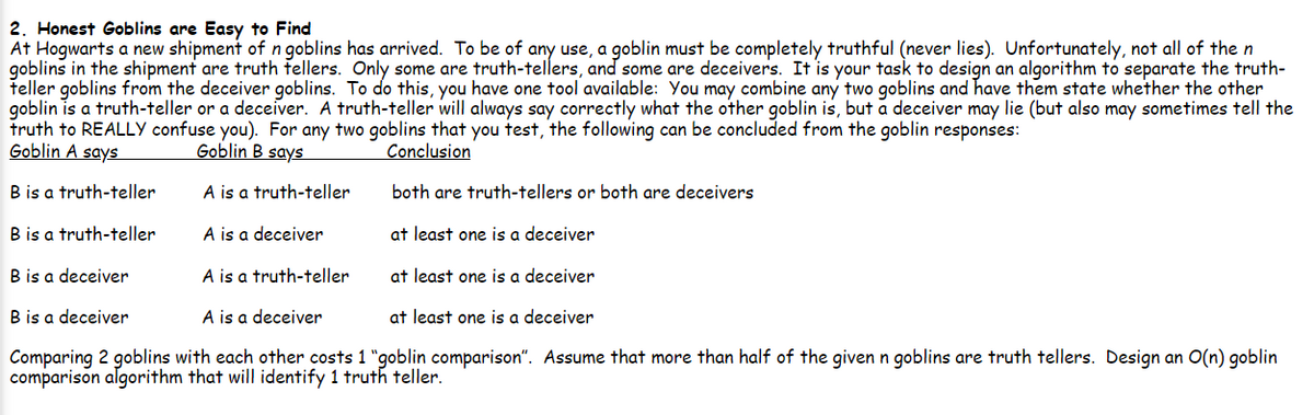 2. Honest Goblins are Easy to Find
At Hogwarts a new shipment of n goblins has arrived. To be of any use, a goblin must be completely truthful (never lies). Unfortunately, not all of the n
goblins in the shipment are truth tellers. Only some are truth-tellers, and some are deceivers. It is your task to design an algorithm to separate the truth-
teller goblins from the deceiver goblins. To do this, you have one tool available: You may combine any two goblins and have them state whether the other
goblin is a truth-teller or a deceiver. A truth-teller will always say correctly what the other goblin is, but a deceiver may lie (but also may sometimes tell the
truth to REALLY confuse you). For any two goblins that you test, the following can be concluded from the goblin responses:
Goblin A says
Goblin B says
Conclusion
B is a truth-teller
A is a truth-teller
both are truth-tellers or both are deceivers
B is a truth-teller
A is a deceiver
at least one is a deceiver
B is a deceiver
A is a truth-teller
at least one is a deceiver
B is a deceiver
A is a deceiver
at least one is a deceiver
Comparing 2 goblins with each other costs 1 "goblin comparison". Assume that more than half of the given n goblins are truth tellers. Design an O(n) goblin
comparison algorithm that will identify 1 truth teller.
