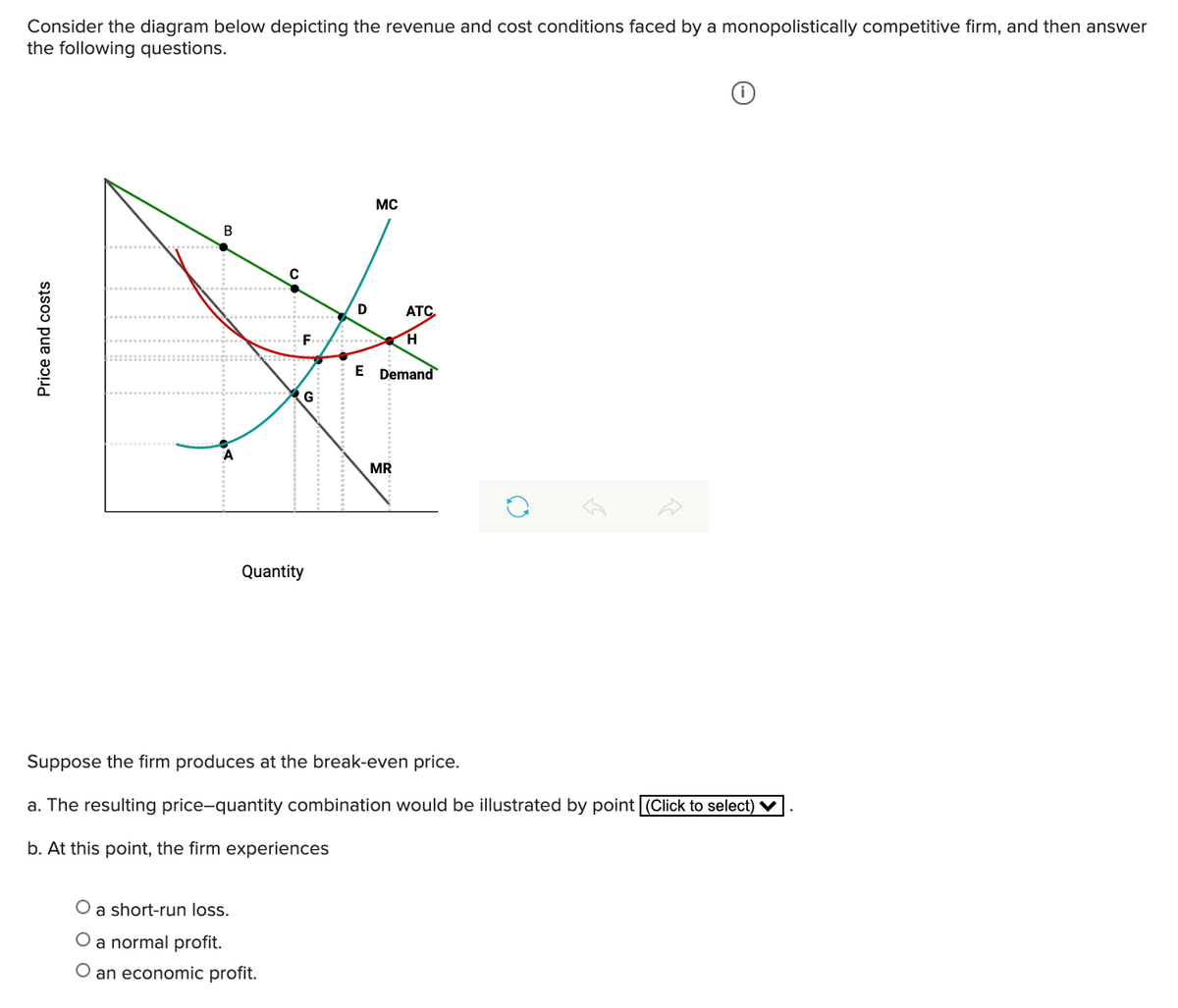 Consider the diagram below depicting the revenue and cost conditions faced by a monopolistically competitive firm, and then answer
the following questions.
MC
D
ATC
F
.....
E Demand
G
MR
Quantity
Suppose the firm produces at the break-even price.
a. The resulting price-quantity combination would be illustrated by point (Click to select) ▼
b. At this point, the firm experiences
O a short-run loss.
O a normal profit.
O an economic profit.
Price and costs
