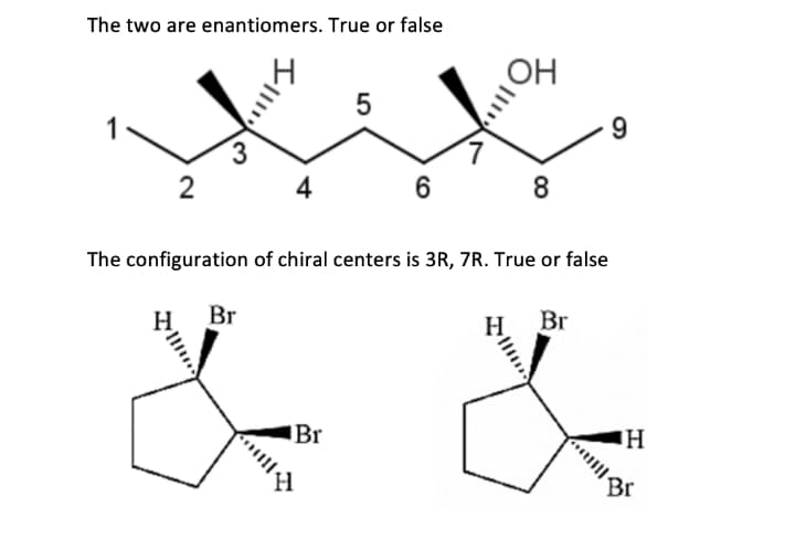 The two are enantiomers. True or false
OH
5
3
2
4
6
The configuration of chiral centers is 3R, 7R. True or false
Br
H.
Br
Br
Br
