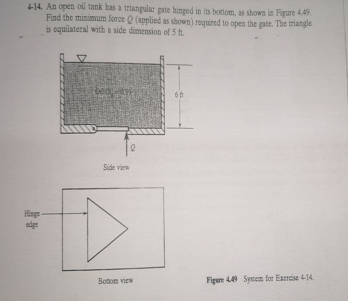 4-14. An open oil tank has a triangular gate hinged in its bottom, as shown in Figure 4.49.
Find the minimum force Q (applied as shown) required to open the gate. The triangle
is equilateral with a side dimension of 5 ft.
Oil (S –09)
6 ft
Side view
Hinge -
edge
Bottom view
Figure 4.49 System for Exercise 4-14.
