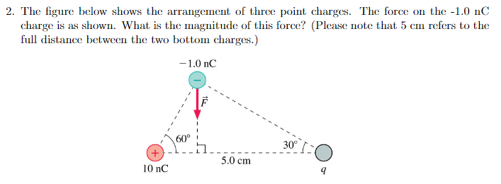 2. The figure below shows the arrangement of three point charges. The force on the -1.0 nC
charge is as shown. What is the magnitude of this force? (Please note that 5 cm refers to the
full distance between the two bottom charges.)
-1.0 nC
10 nC
60°
5.0 cm
30°