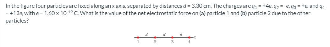 In the figure four particles are fixed along an x axis, separated by distances d = 3.30 cm. The charges are q = +4e, 92 = -e, 93 = +e, and q4
= +12e, with e= 1.60 x 10-19 C. What is the value of the net electrostatic force on (a) particle 1 and (b) particle 2 due to the other
particles?
3
4
