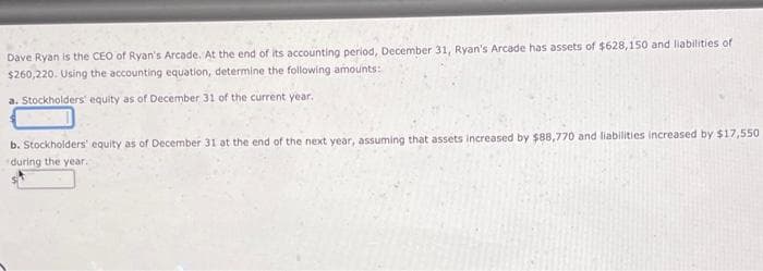 Dave Ryan is the CEO of Ryan's Arcade. At the end of its accounting period, December 31, Ryan's Arcade has assets of $628,150 and liabilities of
$260,220. Using the accounting equation, determine the following amounts:
a. Stockholders' equity as of December 31 of the current year.
b. Stockholders' equity as of December 31 at the end of the next year, assuming that assets increased by $88,770 and liabilities increased by $17,550
during the year.