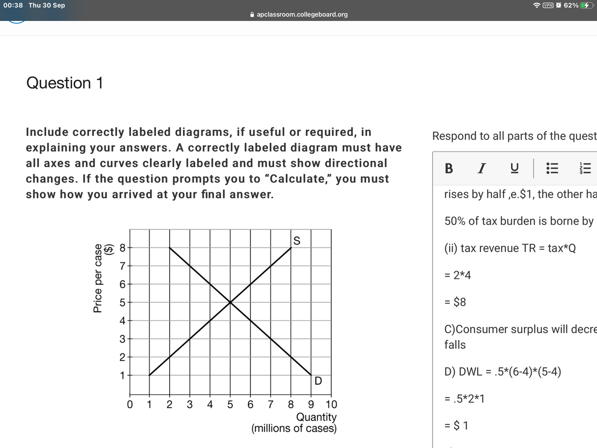 00:38 Thu 30 Sep
VPN O 62%
A apclassroom.collegeboard.org
Question 1
Include correctly labeled diagrams, if useful or required, in
explaining your answers. A correctly labeled diagram must have
all axes and curves clearly labeled and must show directional
changes. If the question prompts you to “Calculate," you must
show how you arrived at your final answer.
Respond to all parts of the quest
в I
rises by half ,e.$1, the other ha
50% of tax burden is borne by
IS
A 8-
(ii) tax revenue TR = tax*Q
7
= 2*4
6
= $8
4
C)Consumer surplus will decre
3
falls
2-
D) DWL = .5*(6-4)*(5-4)
%3D
D
= .5*2*1
0 1
7 8
9 10
Quantity
(millions of cases)
2
3 4 5
6.
= $ 1
%3D
II
LO
Price per case
