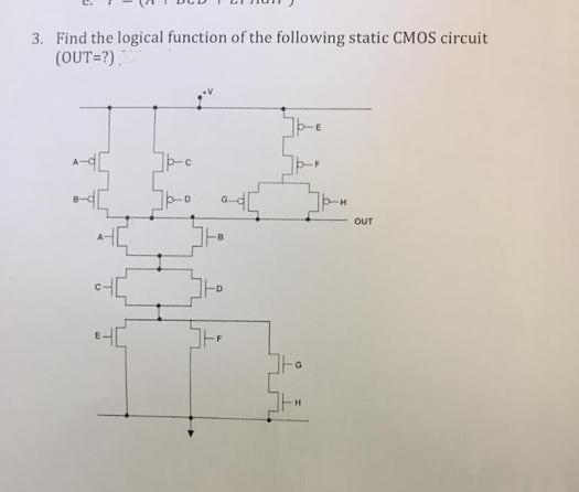 3. Find the logical function of the following static CMOS circuit
(OUT=?)
]p-c
Jp-m
OUT