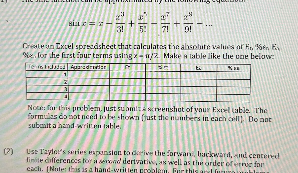 sin x = x
x3 x5
x7
x9
+
+
3!
5! 7! 9!
Create an Excel spreadsheet that calculates the absolute values of Et, %εt, Ea,
%εa for the first four terms using x = π/2. Make a table like the one below:
Terms Included Approximation
Et
% Et
Ea
% ɛa
1
2
3
4
Note: for this problem, just submit a screenshot of your Excel table. The
formulas do not need to be shown (just the numbers in each cell). Do not
submit a hand-written table.
(2)
Use Taylor's series expansion to derive the forward, backward, and centered
finite differences for a second derivative, as well as the order of error for
each. (Note: this is a hand-written problem. For this and future.