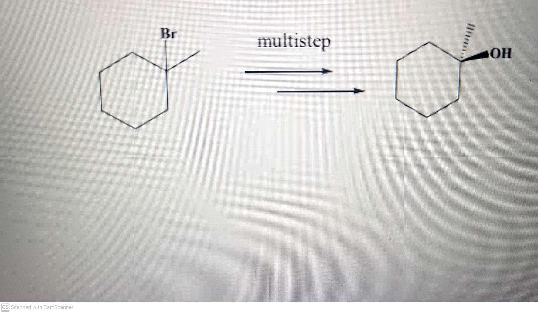 ### Multistep Synthesis Reaction

#### Structures:

**Starting Material:**
- A hexane ring (six carbon atoms in a ring structure)
- A bromine (Br) substituent attached to one of the carbon atoms in the hexane ring

**Final Product:**
- A hexane ring (six carbon atoms in a ring structure)
- An alcohol (OH) group attached to the carbon atom in place of the bromine substituent 
- The OH group is oriented above the plane of the ring (denoted by the solid wedge and dashed bonds)

#### Description:

This diagram represents a multistep organic synthesis process. It starts with a cyclohexane molecule that has a bromine substituent attached to one of the carbon atoms. The bromine substituent is then replaced through a series of reactions resulting in a cyclohexane molecule with a hydroxyl (OH) group in place of the bromine. The OH group is spatially oriented above the plane of the ring.

#### Arrow Explanation:

The double-headed arrows between the starting material and the product indicate that this is a multistep process. The term "multistep" implies that several intermediate reactions and conditions are required to achieve the transformation from the starting material to the final product. 

Understanding synthesis pathways and how substituents can be replaced or modified on a cyclohexane ring is fundamental in organic chemistry, particularly in the fields of pharmaceuticals and material science.