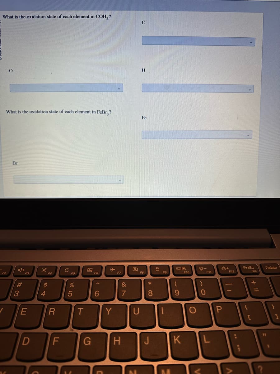 What is the oxidation state of each element in COH₂?
F2
✓
O
What is the oxidation state of each element in FeBr₂?
Br
#3
+
F3
E
D
F4
$
4
R
F
с
F5
%
5
T
G
F6
6
Y
F7
87
&
C
U
H
Fe
F8
* 00
8
8
F9
-
(
9
H J K
F10
)
0
<
F11
L
*+
P
F12
A
PrtSc
{
Ins
+ 11
[
=
Delete
11
1
1