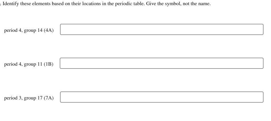 Identify these elements based on their locations in the periodic table. Give the symbol, not the name.
period 4, group 14 (4A)
period 4, group 11 (1B)
period 3, group 17 (7A)