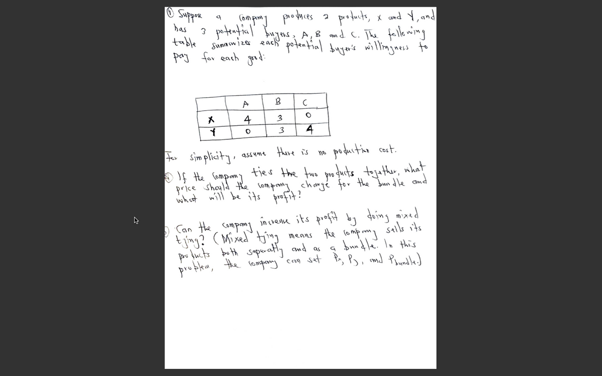 Suppre
bas
ampony produces
profucts, x cmd Y, and
? patential Bngons, A,B amd c. The fellaming
Sum owi2es each potential bujer's willimyness to
table
pay for each jd
A
メ
4
4
Fer sim plicity.
po ductin cart.
there is
ass ume
O If He fompony ties the two progucts tejather, what
price shayld the lom pony ,chonge for the Bun dle and
will be its profit?
what
O Can the compon incuesme its profit by doing mixed
t jing? (Mixed tjin
pro fucts bo th sepeatly and as
problem, the rompany can set B, Py, md Pomeled)
means he lompm, sells its
bundle? In this
