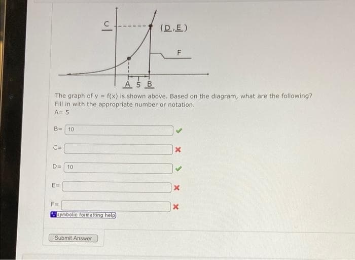 (D,E)
AS B
The graph of y = f(x) is shown above. Based on the diagram, what are the following?
Fill in with the appropriate number or notation.
A= 5
B=
10
C=
D= 10
E=
F=
symbolic formatting help
Submit Answer
