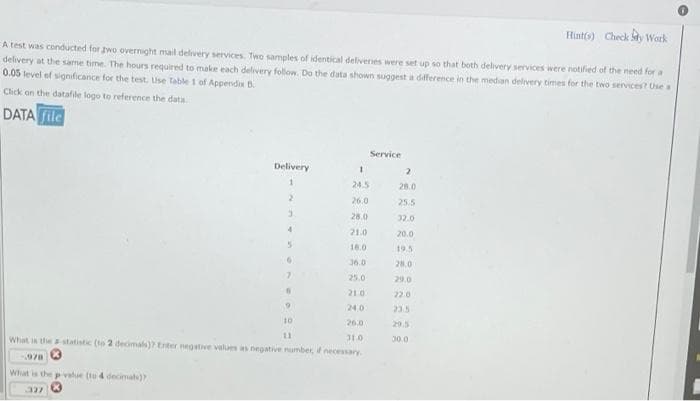 Hint(s) Check Sty Work
A test was conducted for wo overnight mail delivery services Two samples of identical delivenes were set up so that both delivery services were notified of the need for a
delivery at the same time. The hours required to make each delivery follow. Do the data shown suggest a dfference in the median delivery times for the two services? Use a
0.05 tevel ef significance for the test. Use Table 1 of Appenda B.
Chick on the datafile logo to reference the data
DATA File
Service
Delivery
24.5
28.0
26.0
25.5
28.0
32.0
21.0
20.0
16.0
19.5
36.0
28.0
7.
25.0
29.0
21.0
22.0
24.0
23.5
10
26.0
29.5
310
What thestatistic (to 2 decmals)? Eter negative values as negative number, necessary
30.0
978
What is the p value (tu 4 decimal)
