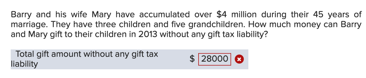 Barry and his wife Mary have accumulated over $4 million during their 45 years of
marriage. They have three children and five grandchildren. How much money can Barry
and Mary gift to their children in 2013 without any gift tax liability?
Total gift amount without any gift tax
liability
$ 28000 X