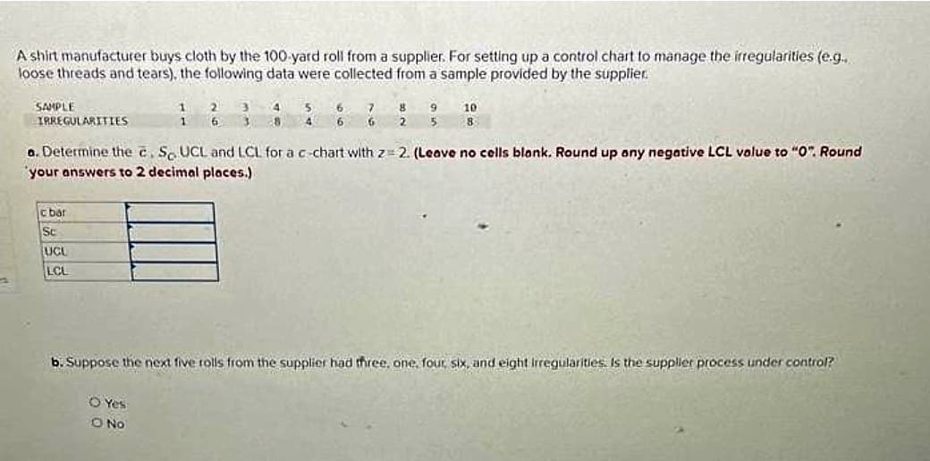 A shirt manufacturer buys cloth by the 100-yard roll from a supplier. For setting up a control chart to manage the irregularities (e.g...
loose threads and tears), the following data were collected from a sample provided by the supplier.
SAMPLE
cbar
Sc
UCL
LCL
1
O Yes
O NO
2
6
1
3
3
4
5
4
IRREGULARITIES
a. Determine the c. So UCL and LCL for a c-chart with z=2. (Leave no cells blank. Round up any negative LCL value to "0". Round
your answers to 2 decimal places.).
8
6 7
6 6
8
9
5
2
10
8
b. Suppose the next five rolls from the supplier had three, one, four, six, and eight Irregularities. Is the supplier process under control?