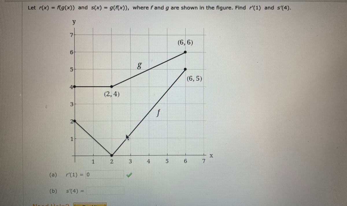 Let r(x) = (g(x)) and s(x) = g(f(x)), where f and g are shown in the figure. Find r'(1) and s'(4).
(6, 6)
(6, 5)
4+
(2, 4)
3
f
1.
6.
(a)
(1) = 0
(b)
s'(4) =
4.
3.
2.
(6)
