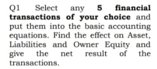 Select any 5 financial
Q1
transactions of your choice and
put them into the basic accounting
equations. Find the effect on Asset,
Liabilities and Owner Equity and
give the
transactions.
net result of the
