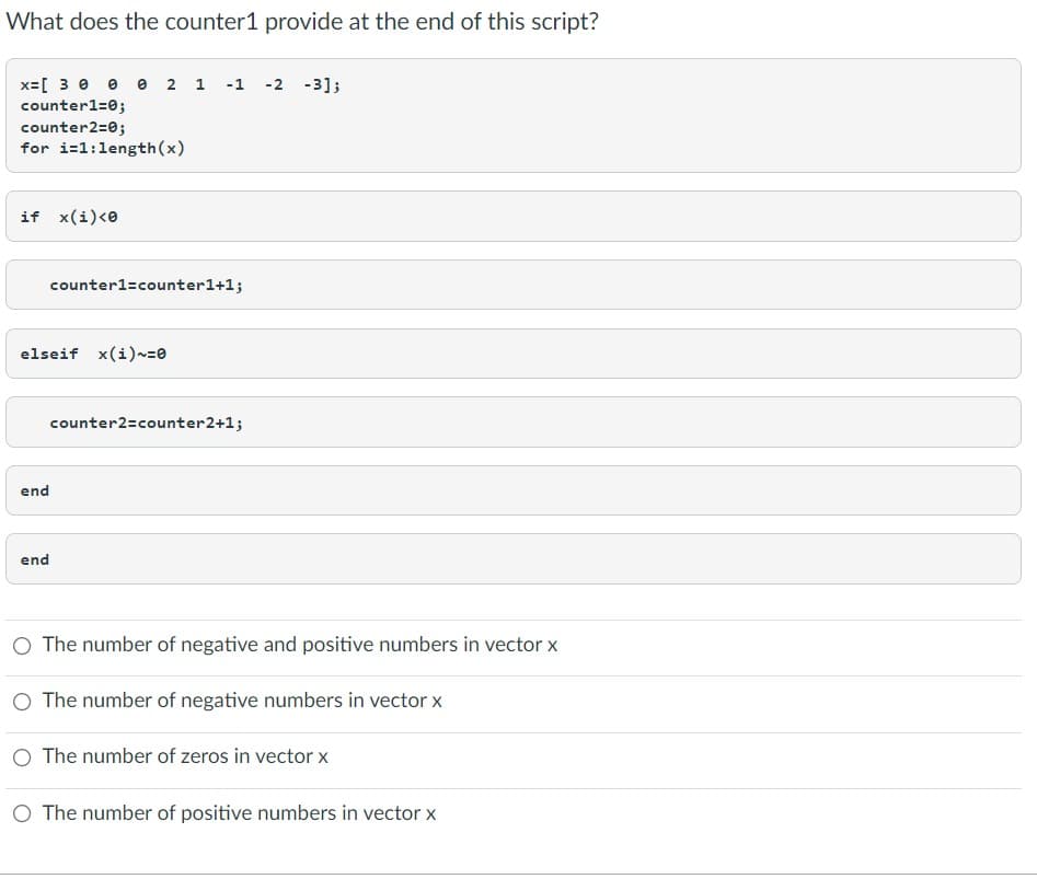 What does the counter1 provide at the end of this script?
x=[ 3 0 e e 2 1 -1 -2 -3];
counter1=0;
counter2=0;
for i-1:length(x)
if x(i)<e
counter1=counter1+1;
elseif x(i)~=0
counter2=counter2+1;
end
end
O The number of negative and positive numbers in vector x
O The number of negative numbers in vector x
O The number of zeros in vector x
O The number of positive numbers in vector x
