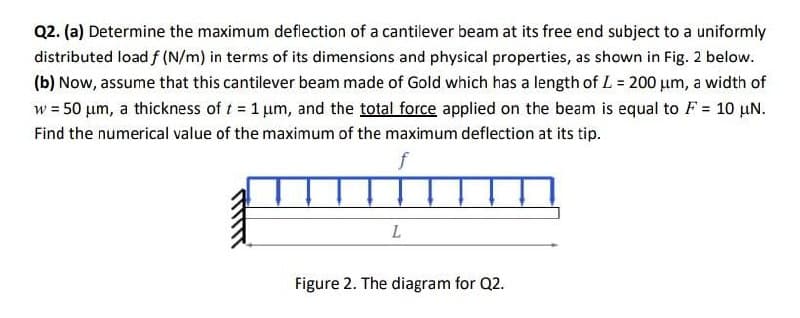 Q2. (a) Determine the maximum deflection of a cantilever beam at its free end subject to a uniformly
distributed load f (N/m) in terms of its dimensions and physical properties, as shown in Fig. 2 below.
(b) Now, assume that this cantilever beam made of Gold which has a length of L = 200 µm, a width of
w = 50 um, a thickness of t = 1 um, and the total force applied on the beam is equal to F = 10 uN.
Find the numerical value of the maximum of the maximum deflection at its tip.
Figure 2. The diagram for Q2.
