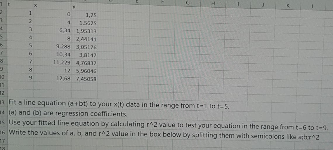 1 t
H.
K
1.
1,25
2.
1,5625
6,34 1,95313
4.
4
4
8 2,44141
9,288 3,05176
6.
10,34
3,8147
11,229 4,76837
8
7.
9.
8.
12 5,96046
10
12,68 7,45058
11
12
13 Fit a line equation (a+bt) to your x(t) data in the range from t=1 tot%35.
14 (a) and (b) are regression coefficients.
15 Use your fitted line equation by calculating r^2 value to test your equation in the range from t-6 to t39.
16 Write the values of a, b, and r^2 value in the box below by splitting them with semicolons like a;b;r^2
17
18
