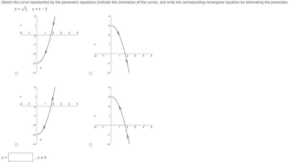 Sketch the curve represented by the parametric equations (indicate the orientation of the curve), and write the corresponding rectangular equation by eliminating the parameter.
x = Vt, y = t- 3
3
2
-1-
-2
2
-1
2
4
-1
y =
