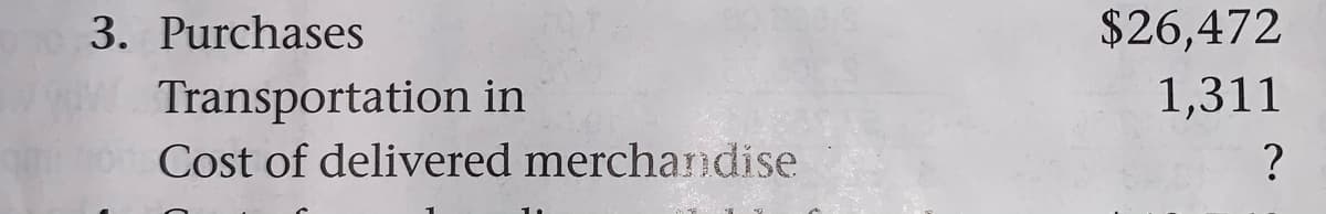 3. Purchases
$26,472
Transportation in
1,311
Cost of delivered merchandise
?

