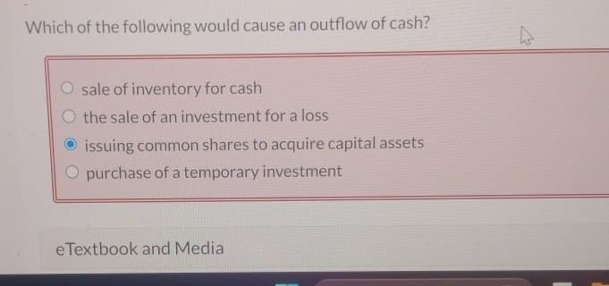 Which of the following would cause an outflow of cash?
sale of inventory for cash
the sale of an investment for a loss
issuing common shares to acquire capital assets
purchase of a temporary investment
eTextbook and Media