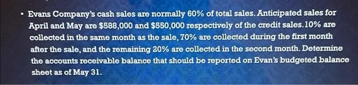 Evans Company's cash sales are normally 60% of total sales. Anticipated sales for
April and May are $588,000 and $550,000 respectively of the credit sales. 10% are
collected in the same month as the sale, 70% are collected during the first month
after the sale, and the remaining 20% are collected in the second month. Determine
the accounts receivable balance that should be reported on Evan's budgeted balance
sheet as of May 31.