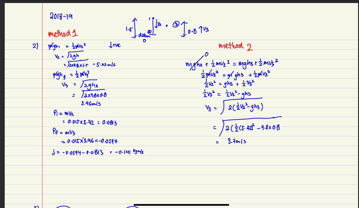 Q013-1에
method I
-8 T's
datein
Įtve
method 2
Vz = /2gh
myha t Ź muz ? = mghs tmuz?
%3D
V3 =
/2ghs
3.96mls
%3D
9i = mV2
: 0-015KS.42 : 0-083
Pf > mV3
- 0-015X3.96 =0.0594
3.7mls
j= -0-0594-0.0813
: -0.141 kgmls
