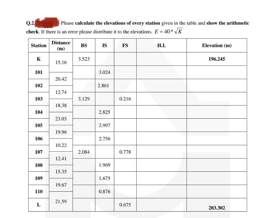 Q.2.
check. If there is an error please distribute it to the elevations. E = 40*K
Please calculate the elevations of every station given in the table and show the arithmetic
Distance
Station
BS
IS
FS
Н.
Elevation (m)
(m)
K
3.523
196.245
15.16
101
3.024
20.42
102
2.861
12.74
103
3.129
0.216
18.38
104
2.825
23.03
105
2.997
19.96
106
2.756
10.22
107
2.084
0.778
12.41
108
1.969
15.35
109
1.675
19.67
110
0.876
21.59
L
0.675
203.302
