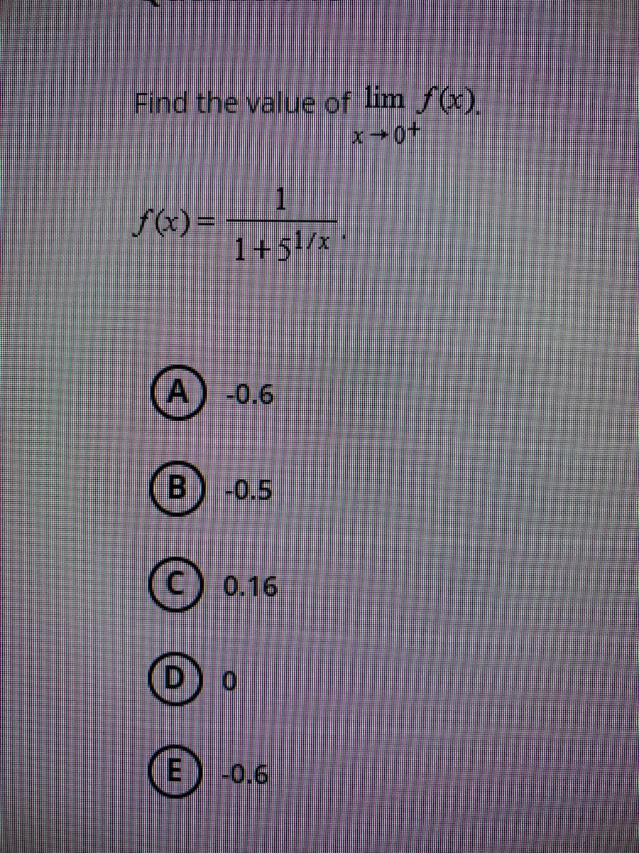 Find the value of lim f(x)
1
1+5/*
A
-0.6
-0.5
0.16
El
-0.6
