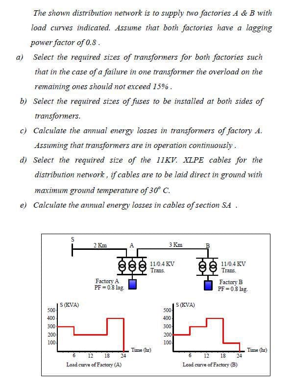 The shown distribution network is to supply two factories A & B with
load curves indicated. Assume that both factories have a lagging
power factor of 0.8.
a) Select the required sizes of transformers for both factories such
that in the case of a failure in one transformer the overload on the
remaining ones should not exceed 15%.
b) Select the required sizes of fuses to be installed at both sides of
transformers.
c) Calculate the annual energy losses in transformers of factory A.
Assuming that transformers are in operation continuously.
d) Select the required size of the 11KV. XLPE cables for the
distribution network, if cables are to be laid direct in ground with
maximum ground temperature of 30° C.
e) Calculate the annual energy losses in cables of section SA .
2 Km
A.
3 Km
11/0.4 KV
Trans.
11/0.4 KV
Trans.
Factory A
PF = 0.8 lag.
Factory B
PF = 0.8 lag.
S(KVA)
500
S KVA)
500
400-
400
300-
200
300
200
100
100
12
Time (hr)
24
Time (hr)
24
6.
18
12
18
Load curve of Factory (A)
Load curve of Factory (B)
