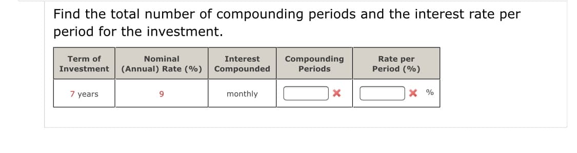 Find the total number of compounding periods and the interest rate per
period for the investment.
Term of
Compounding
Periods
Rate per
Period (%)
Nominal
Interest
Investment
(Annual) Rate (%)
Compounded
7 years
monthly
X %
