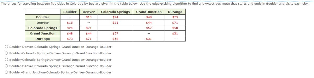 The prices for traveling between five cities in Colorado by bus are given in the table below. Use the edge-picking algorithm to find a low-cost bus route that starts and ends in Boulder and visits each city.
Colorado Springs
Grand Junction
$48
$24
$21
$44
$57
Boulder
Denver
Boulder
$15
Colorado Springs $24
Grand Junction
$48
Durango
$73
Denver
$15
$21
$44
$71
O Boulder-Denver-Colorado Springs-Grand Junction-Durango-Boulder
O Boulder-Colorado Springs-Denver-Durango-Grand Junction-Boulder
O Boulder-Colorado Springs-Denver-Grand Junction-Durango-Boulder
O Boulder-Denver-Colorado Springs-Durango-Grand Junction-Boulder
O Boulder-Grand Junction-Colorado Springs-Denver-Durango-Boulder
$57
$58
--
$31
Durango
$73
$71
$58
$31